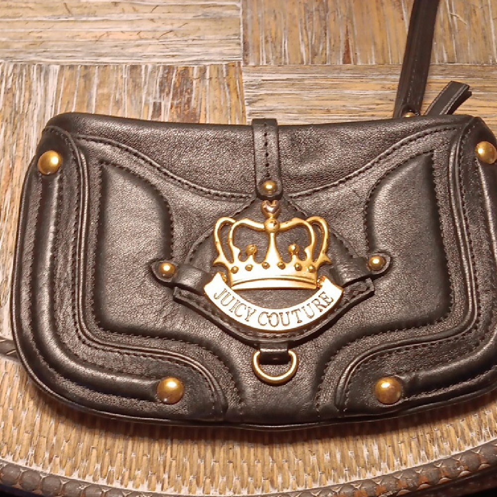 Juicy Couture Black Leather Wristlet with Gold Crown Plaque Vintage